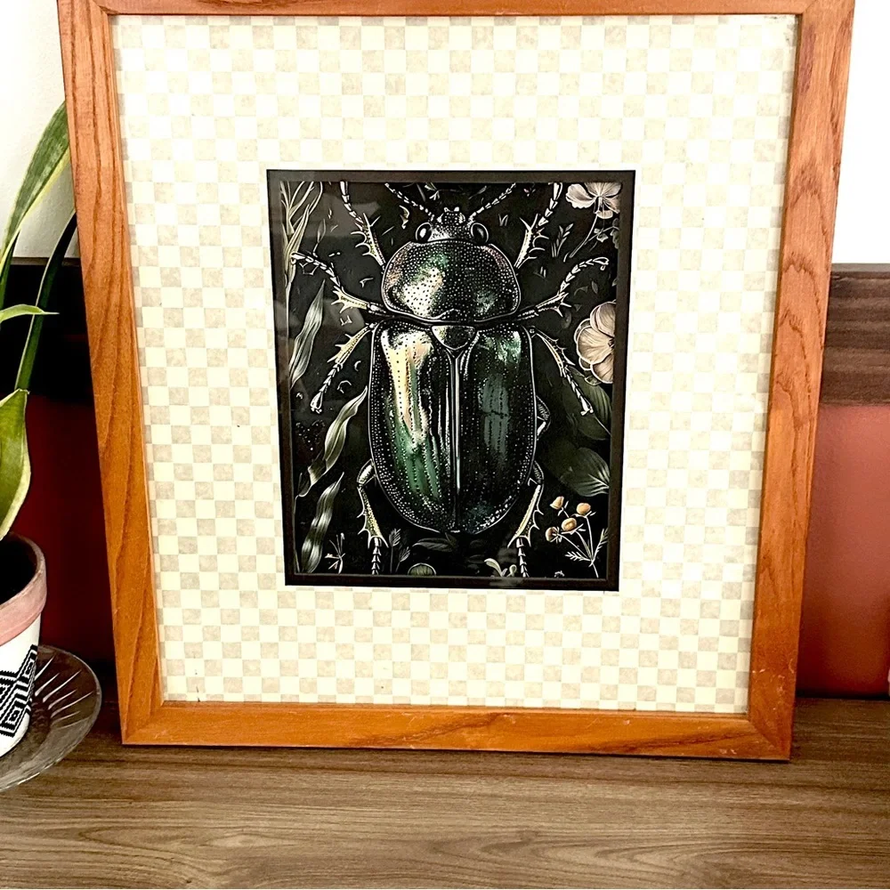Scarab Beetle Dark Moody Canvas Print Checker Matted & Wood Framed Wall Art
